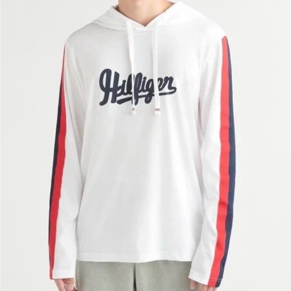 Tommy Hilfiger Men's White Scripped Logo Flag Sleeve Pullover Hoodie Size XL NWT